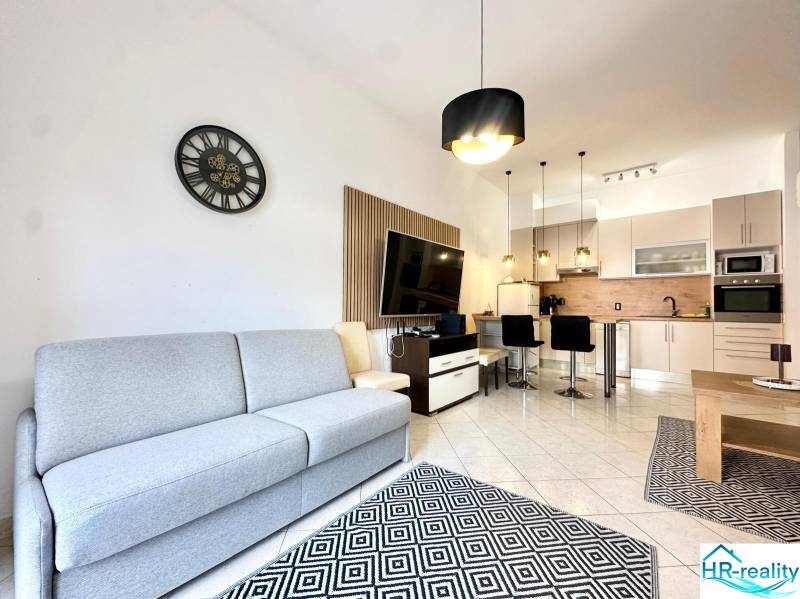 Světlý obývací pokoj s kuchyní, pohovkou, televizí a jídelním koutem v rekreačním apartmánu.