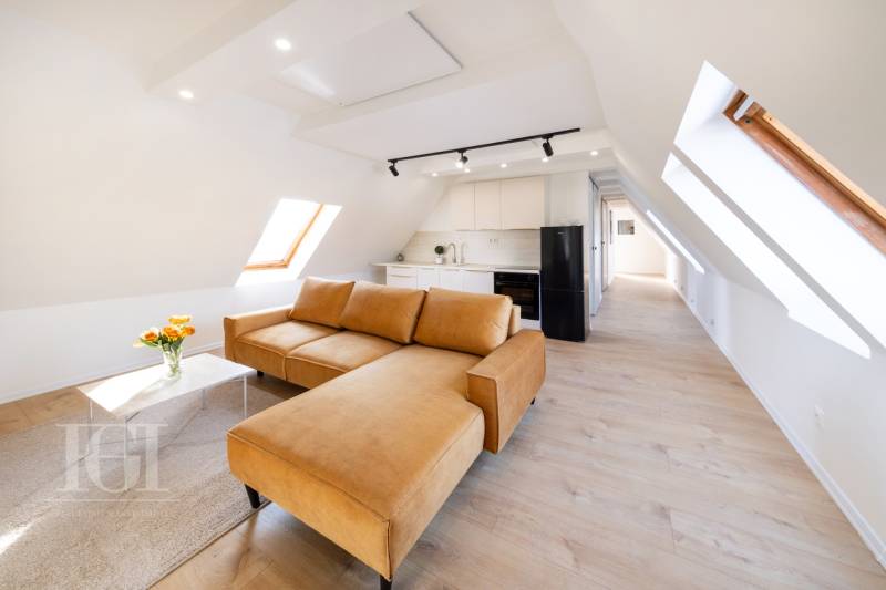 Obývací pokoj v 2-pokojovém bytě s koženou sedačkou a podlahou s dřevěným dekorem.