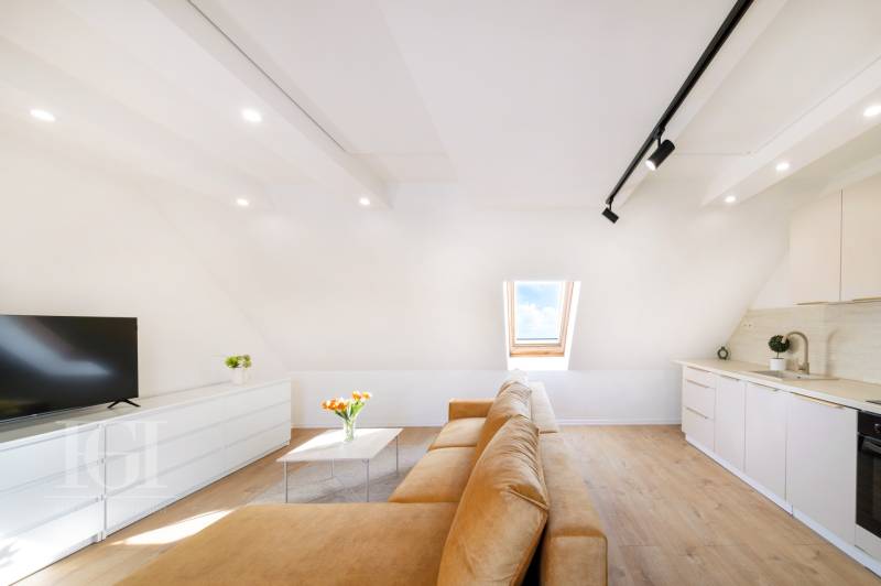 Světlý obývací pokoj s béžovou pohovkou, podlahou s dřevěným dekorem a střešním oknem.