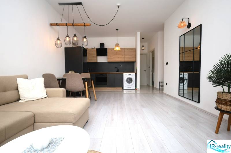 Obývací pokoj rekreačního apartmánu s kuchyní, stolem, zrcadlem a podlahou s dřevěným dekorem.