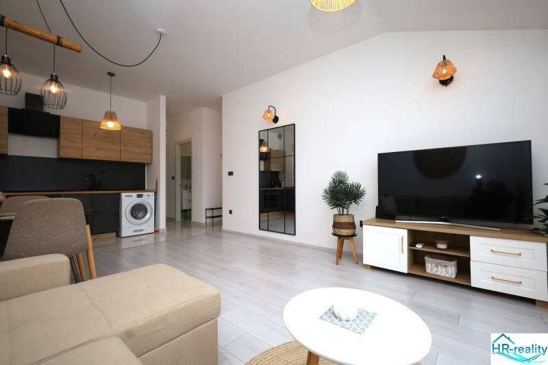 Obývací pokoj rekreačního apartmánu s pohovkou, TV a kuchyňským koutem.