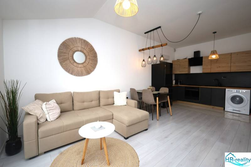 Obývací pokoj v rekreačním apartmánu s kuchyní, pohovkou a dekorativními prvky na stěně.