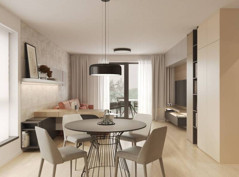 Obývací pokoj s jídelním stolem, podlahou s dřevěným dekorem a balkonem.