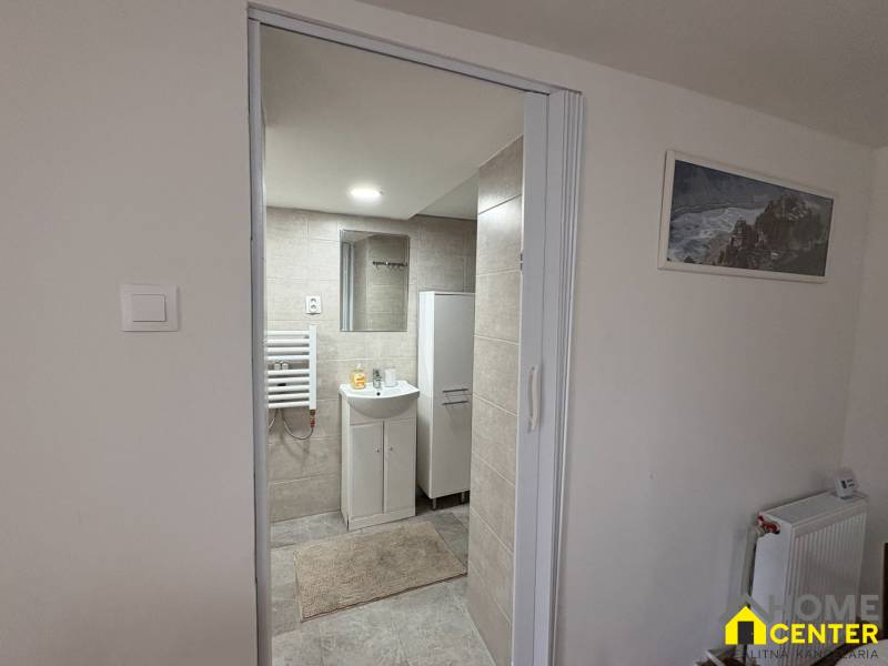 Koupelna v 1-pokojovém bytě s umyvadlem, zrcadlem a radiátorem na stěně.