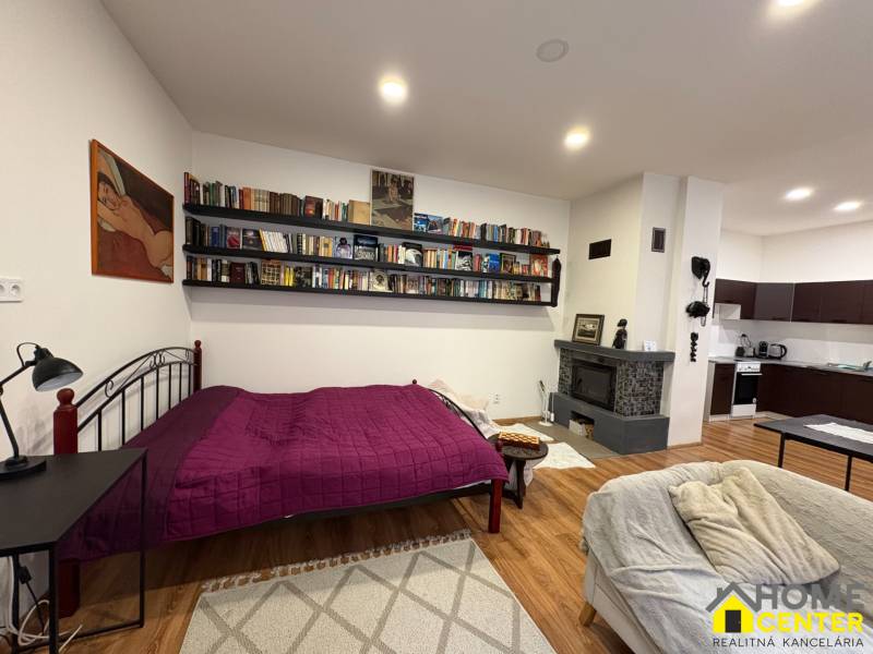 Interiér 1-pokojového bytu s knihovnami, krbem, podlahou s dřevěným dekorem a kuchyní.