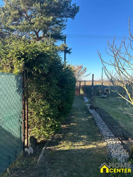 Zahrady v Nové osadě Komárna, plot se zelenými jehličnany a kamenná cestička.