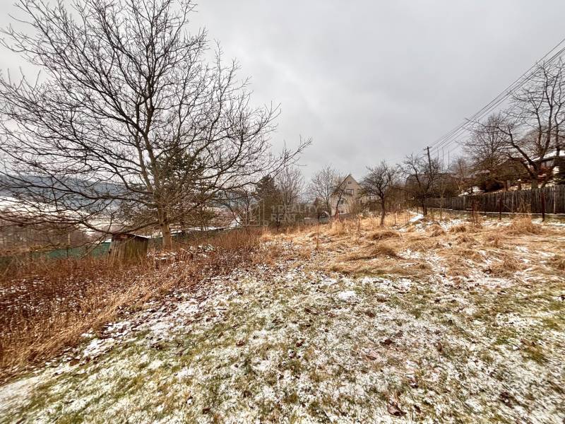 Zasněžená zahrada za rodinným domem na ulici Poľana ve Skalitém.