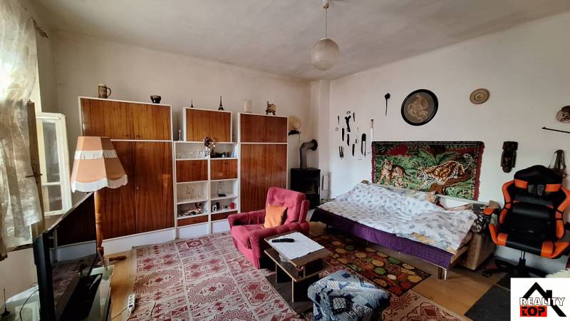 Obývací pokoj v rodinném domě s kobercem, pohovkou a policovým úložným systémem.