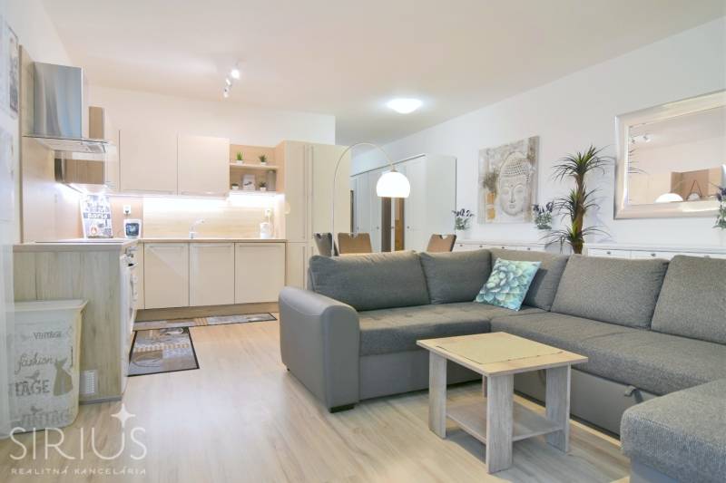 Obývací pokoj s kuchyňským koutem a podlahou s dřevěným dekorem ve 2pokojovém bytě.