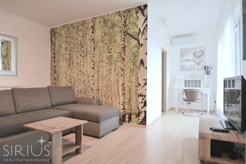 Obývací pokoj v 2-pokojovém bytě s pohovkou, tapetou lesa a dřevěným dekorem.