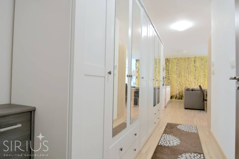 Chodba s bílou zrcadlovou skříní a podlahou s dřevěným dekorem v 2-pokojovém bytě.