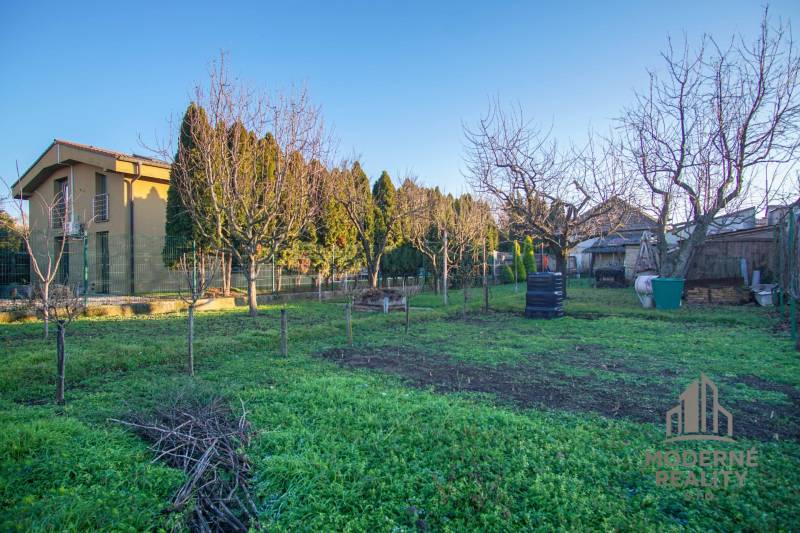 Zahrada u rodinného domu na ulici Pod kopcem v Nových Zámcích, obklopená stromy.