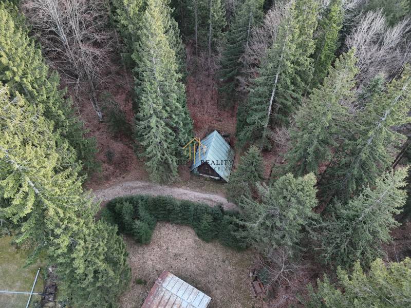 Letecký pohled na chatu obklopenou jehličnatým lesem v Krpáčově na Krpáčově.