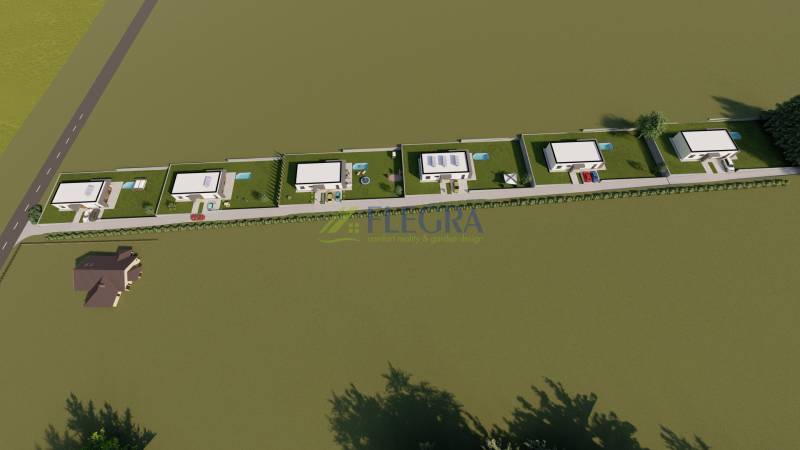 Vizualizace pozemků bydlení na Lomnické ulici, Vranov nad Topľou, se zahradními prvky.