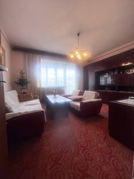 Obývací pokoj v rodinném domě s červeným kobercem a sedací soupravou.