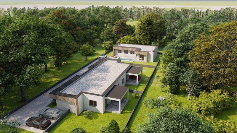 Rodinné domy v Žihárci obklopené zelenými stromy, s bazénem a příjezdovou cestou.