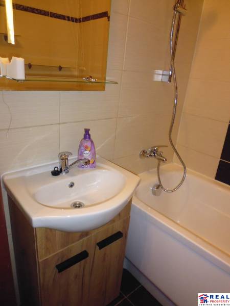 Koupelna s vanou a umyvadlem v 2-pokojovém bytě.