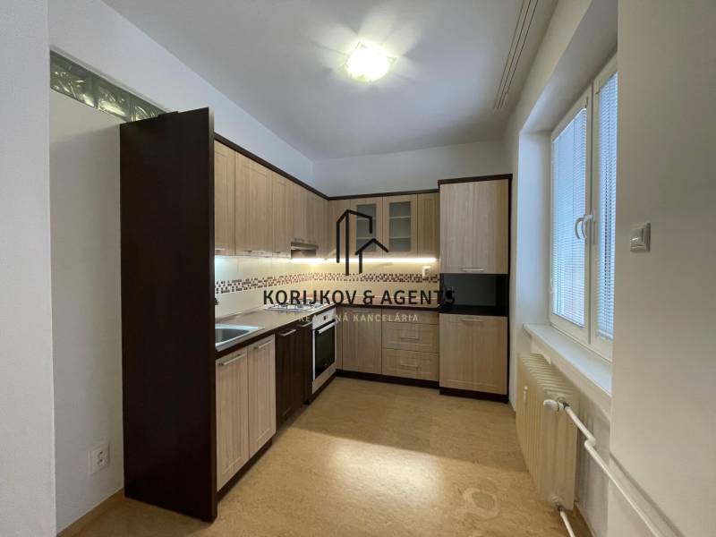 Kuchyně v 2pokojovém bytě s linkou a podlahou s dřevěným dekorem.