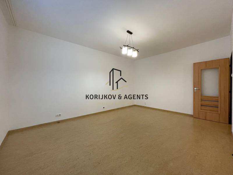 Prostorný pokoj v 2pokojovém bytě s podlahou s dřevěným dekorem a bílými stěnami.