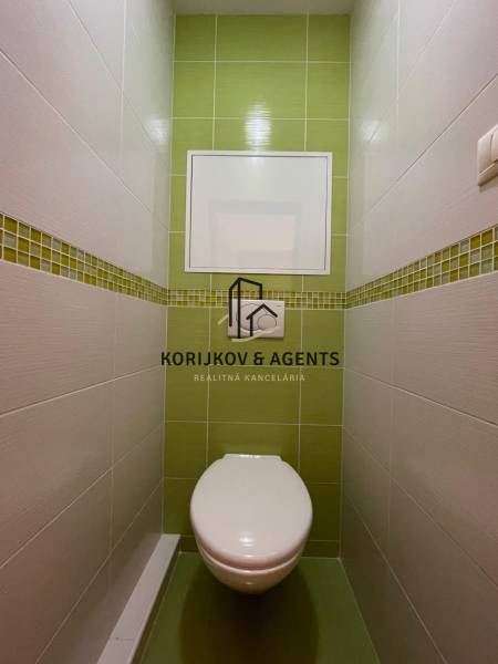 Toaleta v 2-pokojovém bytě s bílými a zelenými kachličkami.