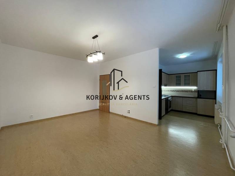 Obývací pokoj dvoupokojového bytu s podlahou s dřevěným dekorem a otevřenou kuchyní.