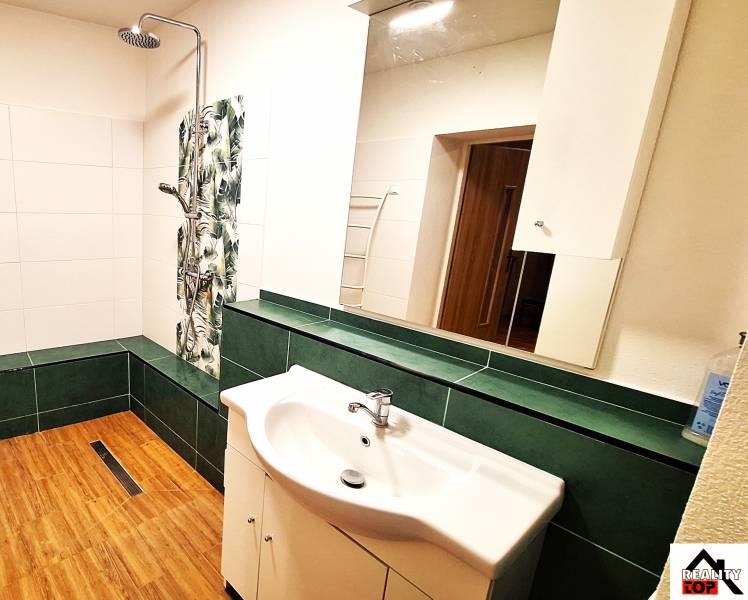 Koupelna v rodinném domě s podlahou s dřevěným dekorem a sprchou.