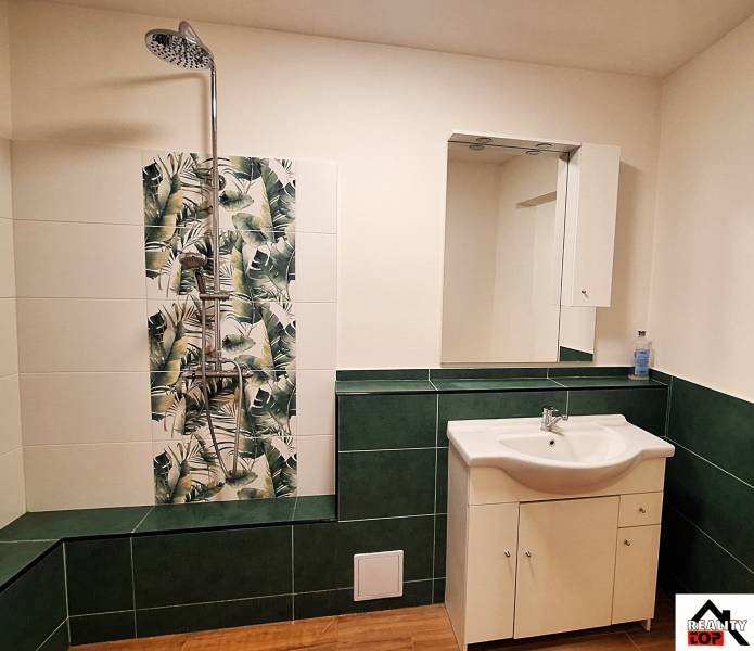 Koupelna v rodinném domě s umyvadlem, sprchou a zelenou kachličkovou dekorací.