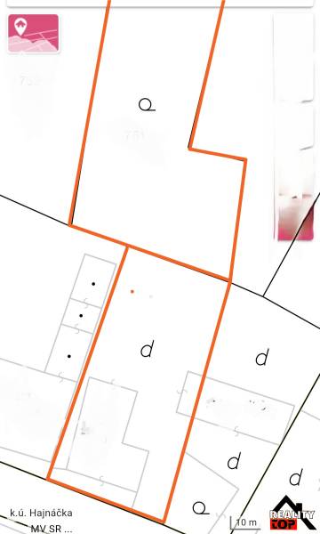 Katastrální mapa rodinného domu v Hajnáčce s vyznačením parcely a okolí.