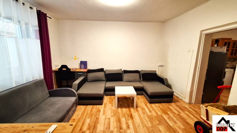 Obývací pokoj v rodinném domě s podlahou s dřevěným dekorem a šedým nábytkem.