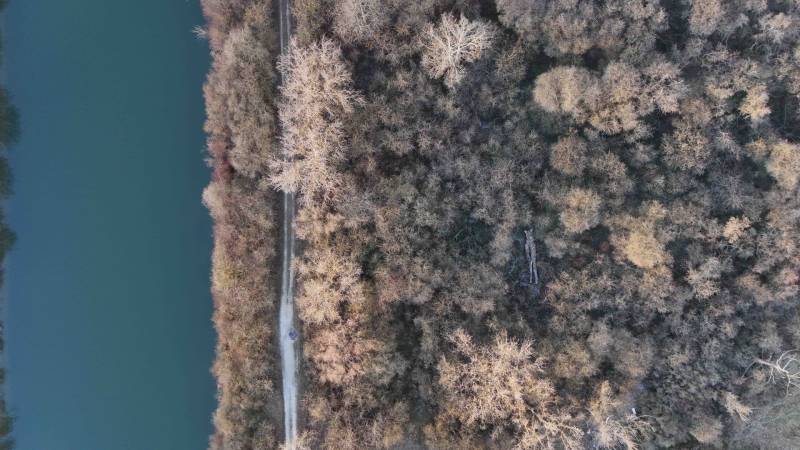 Letecký pohled na les v Nová Ves nad Váhom u Rekreačních pozemků. Cesta vede podél řeky.