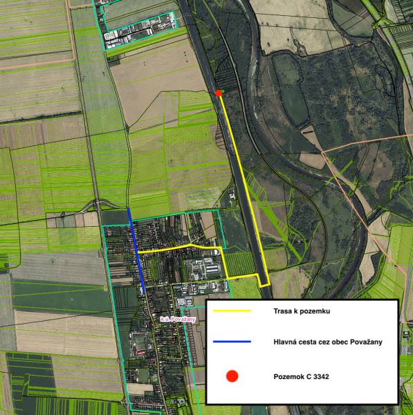 Letecká mapa zobrazující cestu k pozemku C 3342 v oblasti Rekreačních pozemků u Nové Vsi nad Váhom.