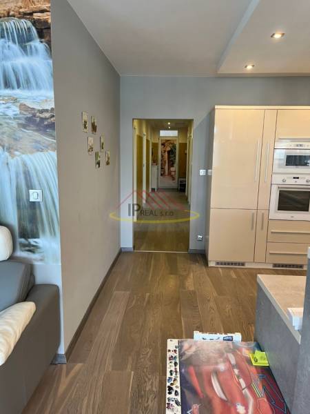 Obývací pokoj ve 4pokojovém bytě s podlahou s dřevěným dekorem a kuchyňskou linkou.