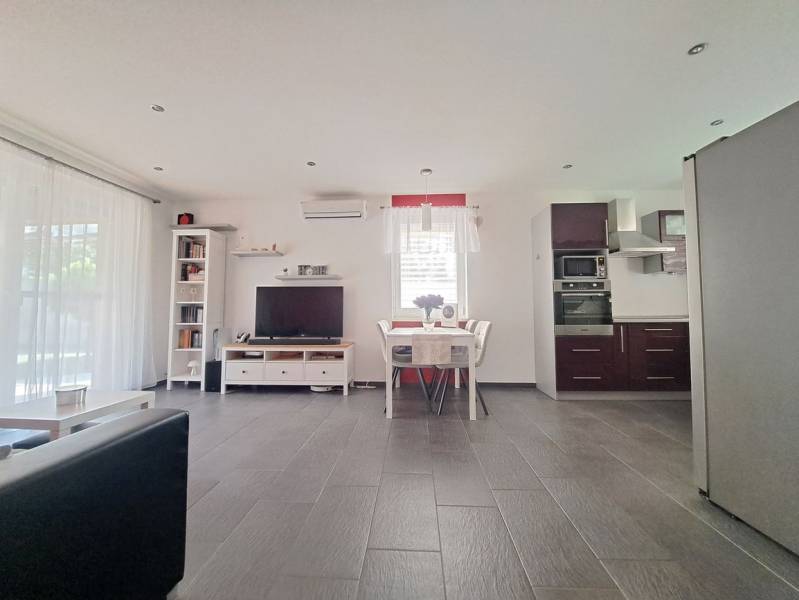 Obývací pokoj s TV, kuchyní a jídelním stolem, podlaha s dřevěným dekorem.