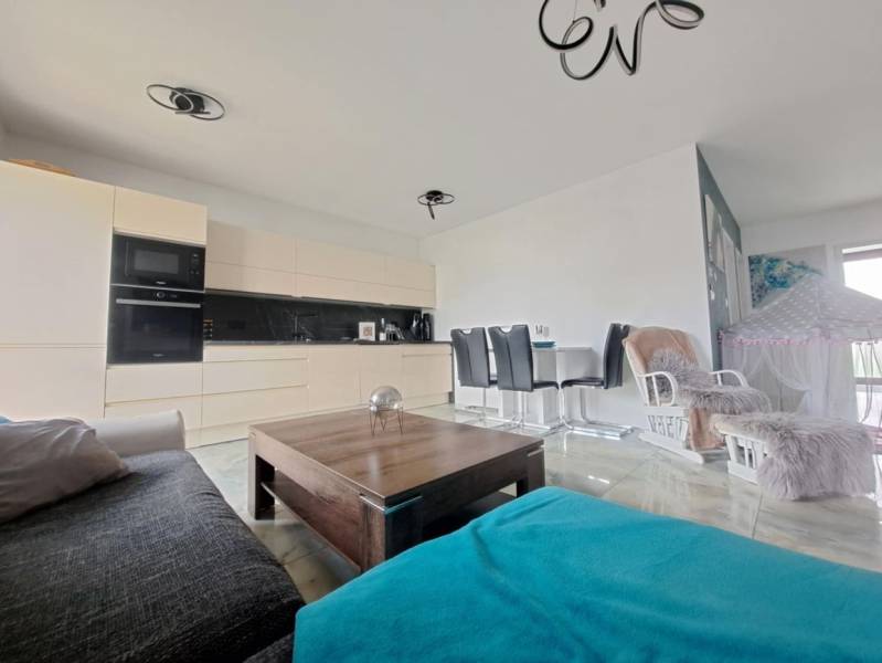 Obývací pokoj v rodinném domě s otevřenou kuchyní a jídelním stolem. Podlaha s dřevěným dekorem.