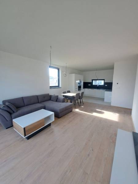 Obývací pokoj v rodinném domě s kuchyní, sedačkou a podlahou s dřevěným dekorem.