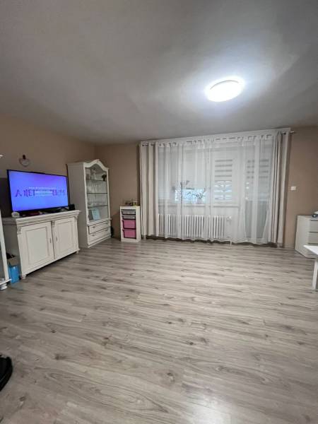 Pokoj v rodinném domě s podlahou s dřevěným dekorem, televizorem a závěsy.