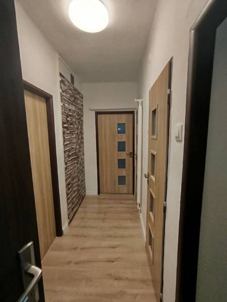 Chodba se světlou podlahou a dřevěnými dveřmi v 3-pokojovém bytě.