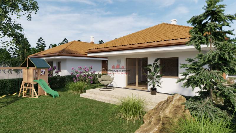 Rodinný dům ve Veselí, Veselá ulice, s dětským hřištěm, terasou a zelení.