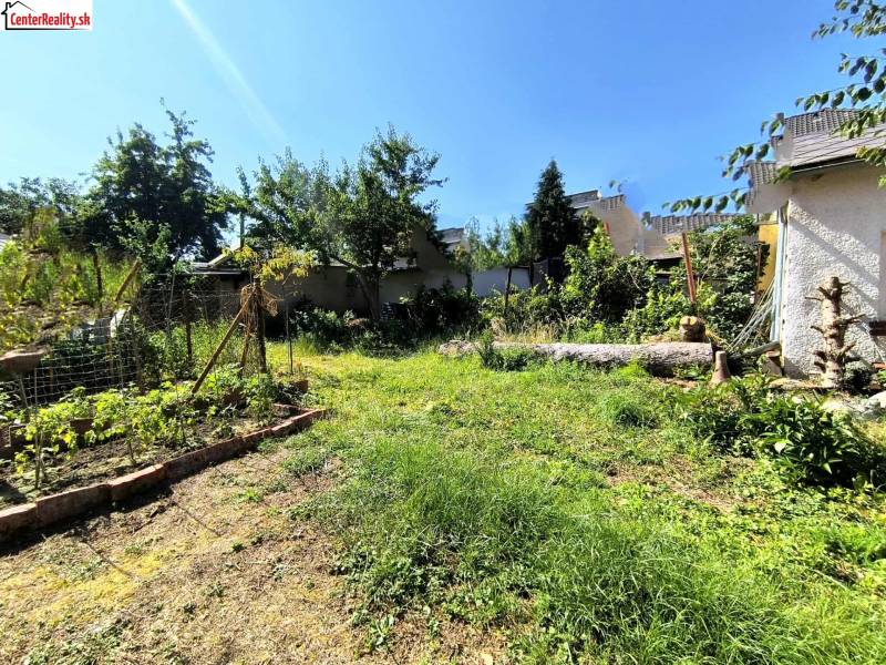 Zahrada u rodinného domu v Partizánském s rozmanitými rostlinami a travnatou plochou.