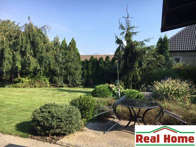 Zahrada rodinného domu v Černé Vodě s trávníkem, stromy a venkovním posezením.