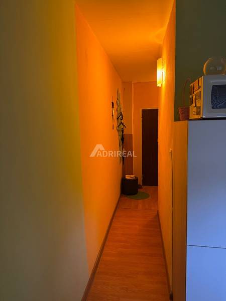 Úzká chodba v 1-pokojovém bytě s podlahou s dřevěným dekorem a jemným osvětlením.