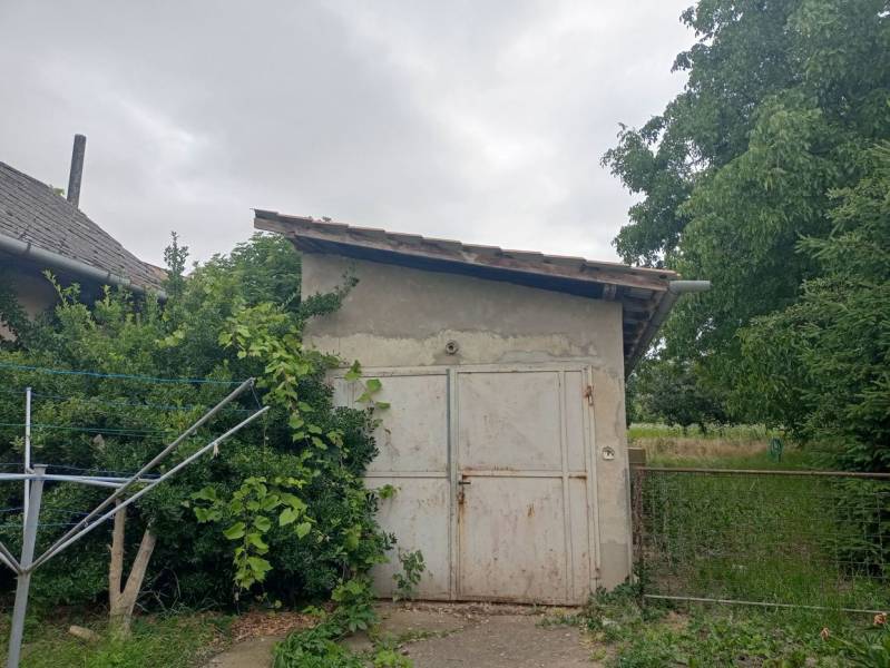 Rodinný dům ve Strekově s malým přístřeškem obklopený zelení a stromy.