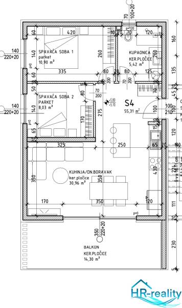 Půdorys rekreačního apartmánu se dvěma ložnicemi, koupelnou a balkonem.