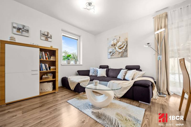 Obývací pokoj v rodinném domě s pohovkou, skříní, podlahou s dřevěným dekorem a dekoracemi.