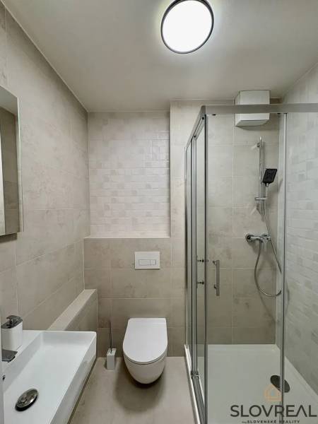 Koupelna s toaletou a moderním sprchovým koutem v 3-pokojovém bytě.