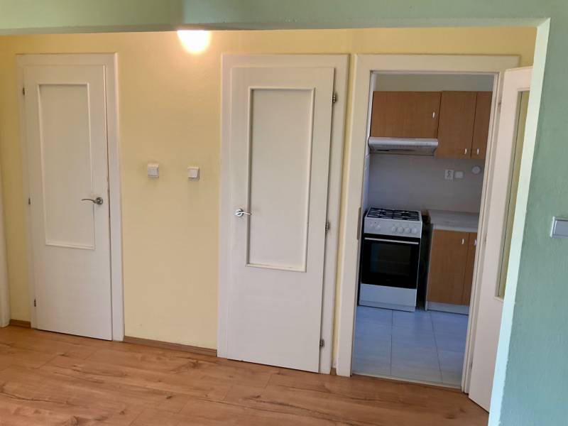 Interiér 3-pokojového bytu s podlahou s dřevěným dekorem a kuchyňskou linkou.