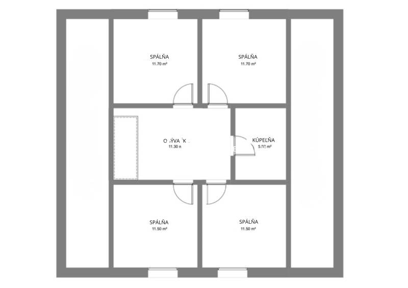 Půdorys rodinného domu se třemi ložnicemi, obývacím pokojem a koupelnou.