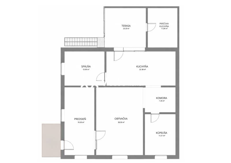 Půdorys rodinného domu v Hernádkaki s ložnicí, obývacím pokojem, kuchyní, terasou a koupelnou.