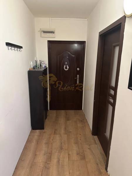 Vstupní chodba s podlahou s dřevěným dekorem v 2pokojovém bytě.