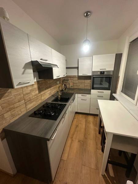 Kuchyně v 2-pokojovém bytě s podlahou s dřevěným dekorem a stěnami z cihel.